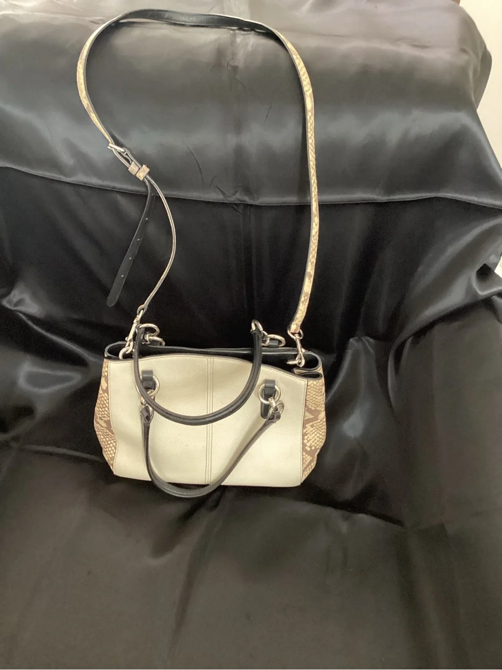 Coach Cream Leather Mini Satchel‎ with Brown Snake-Print Trim and Black Handles